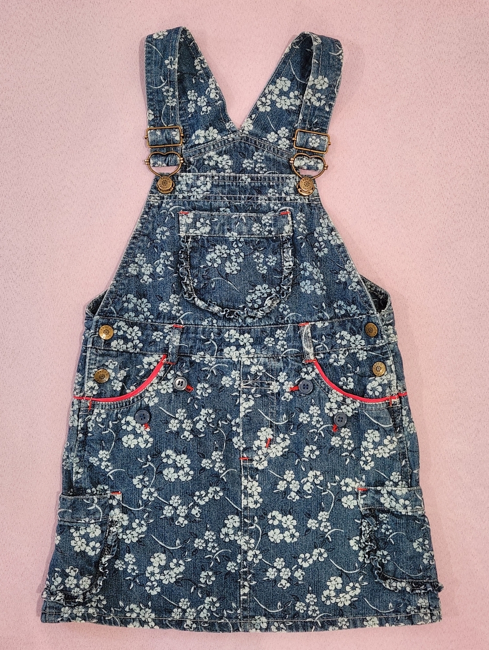 Y2K Faded Glory Floral Denim Red Piping Ruffle Pockets Girls 7 Jumper Dress